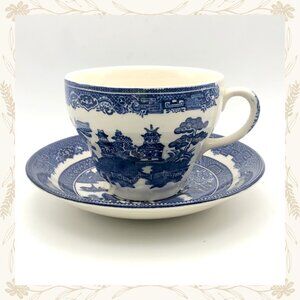 Vintage Johnson Brothers "Willow" Blue & White Teacup & Saucer Set